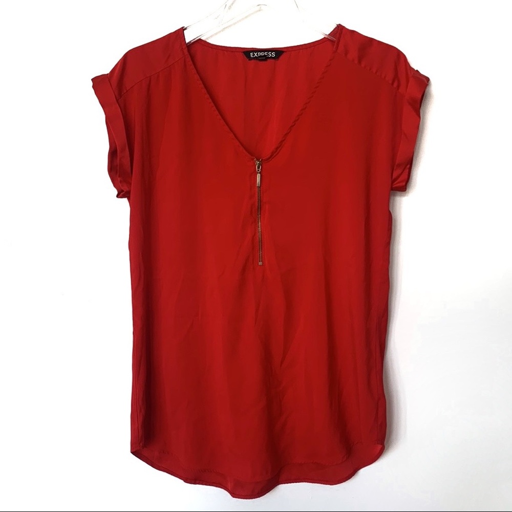 Express Red Pop‑Over V‑Neck Top Gold Zipper Detail Dressy Casual Women’s S